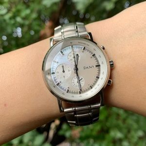 DKNY stainless steel chronograph watch with mother-of-pearl dial